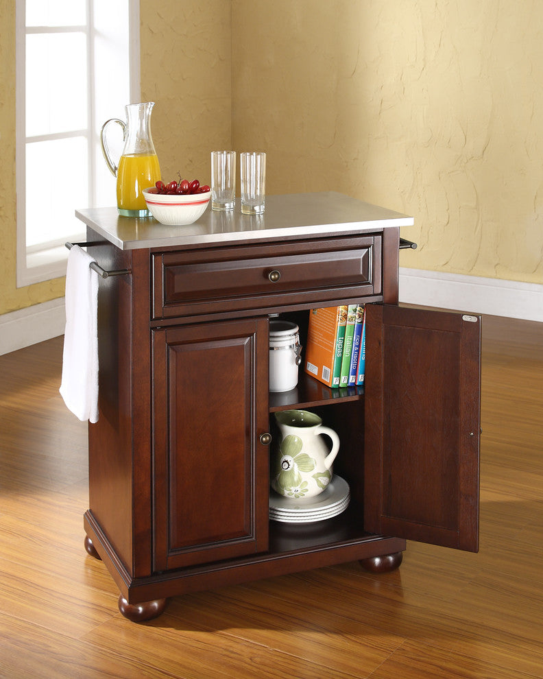 Alexandria Stainless Steel Top Portable Kitchen Island, Vintage Mahogany