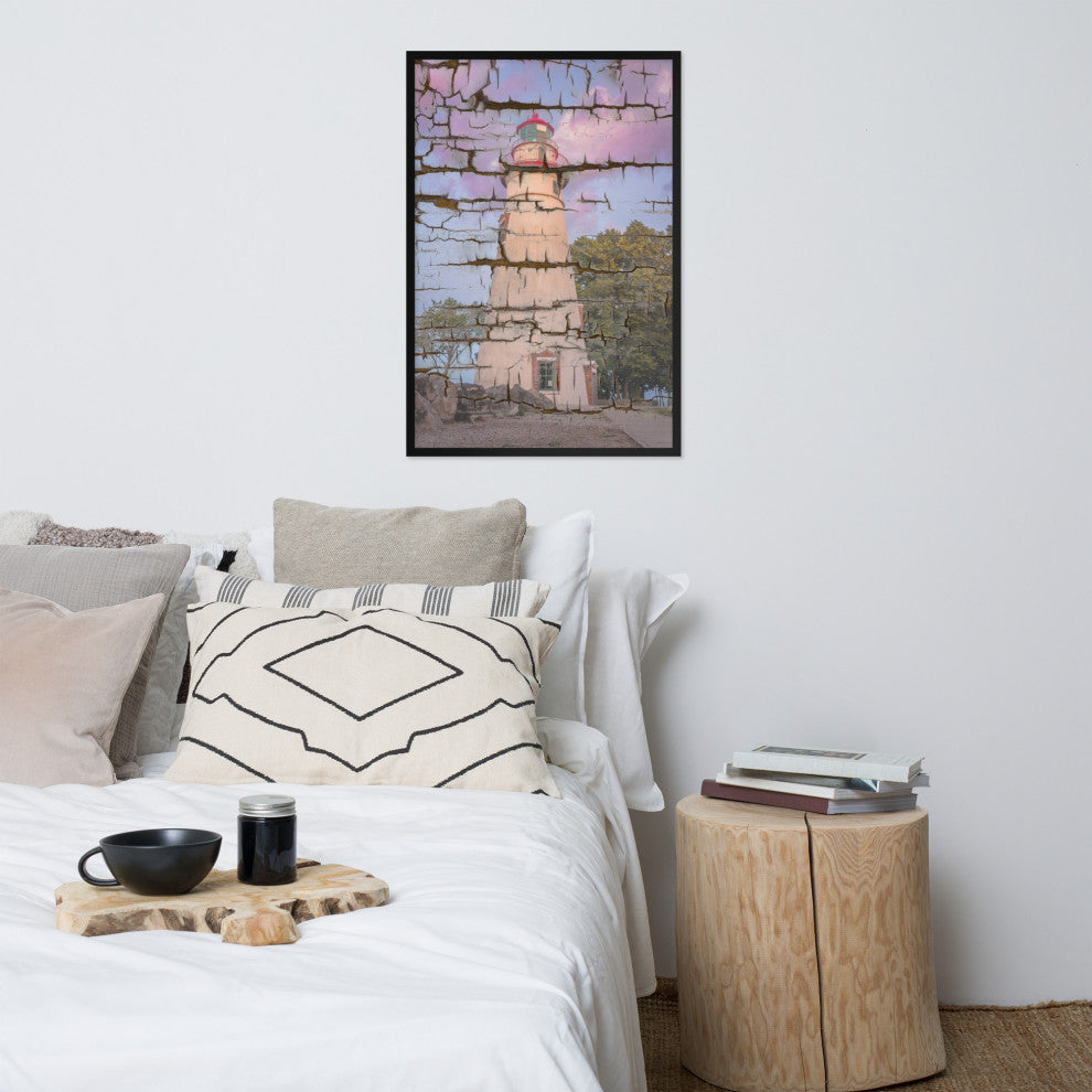 Faux Wood Texture Marblehead Lighthouse at Sunset Framed Photo Wall Art Print, Black, 24" X 36"