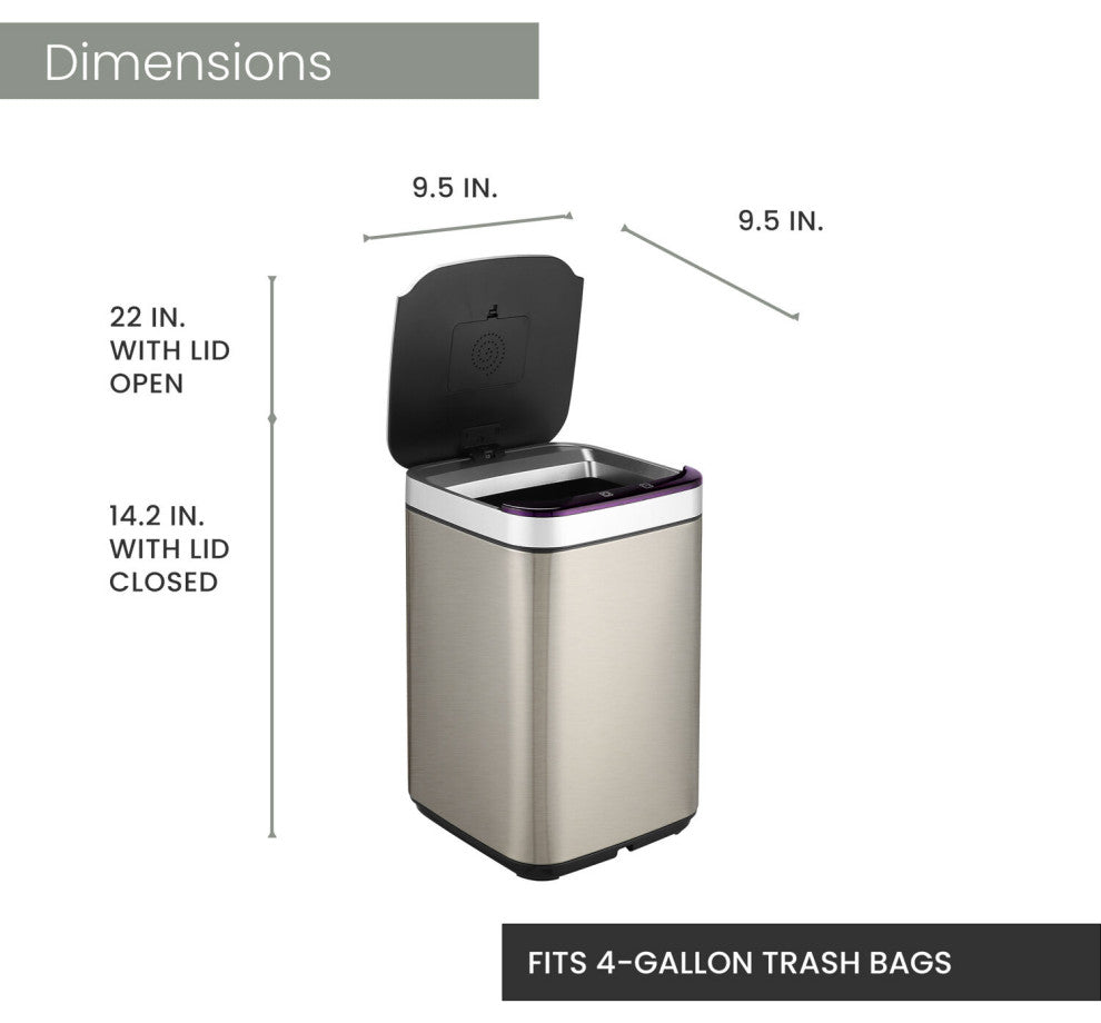 10-Liter / 2.6-Gallon Trash Can With Sensor Lid, Stainless Steel