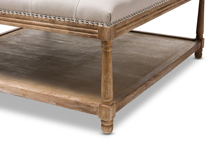 Carlotta French Country Weathered Oak Beige Linen Square Coffee Table Ottoman