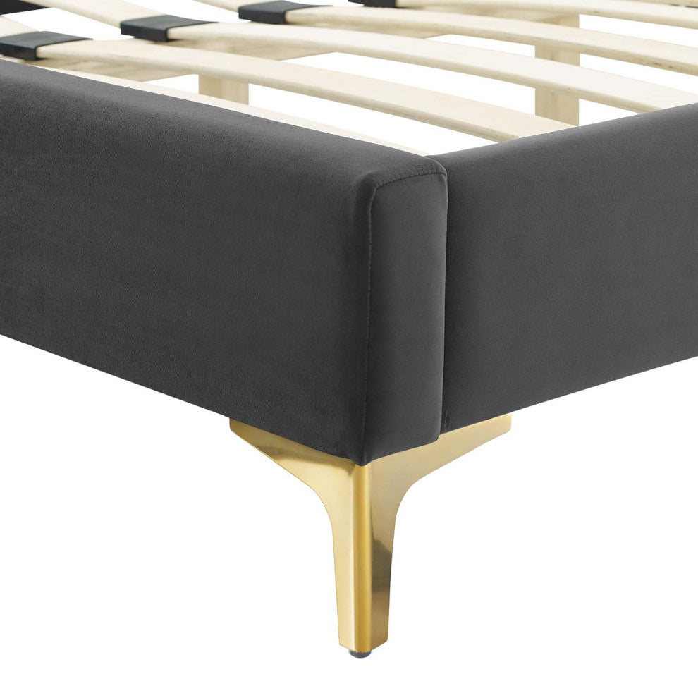 Platform Bed Frame, King Size, Charcoal Gray, Velvet, Modern, Guest Suite