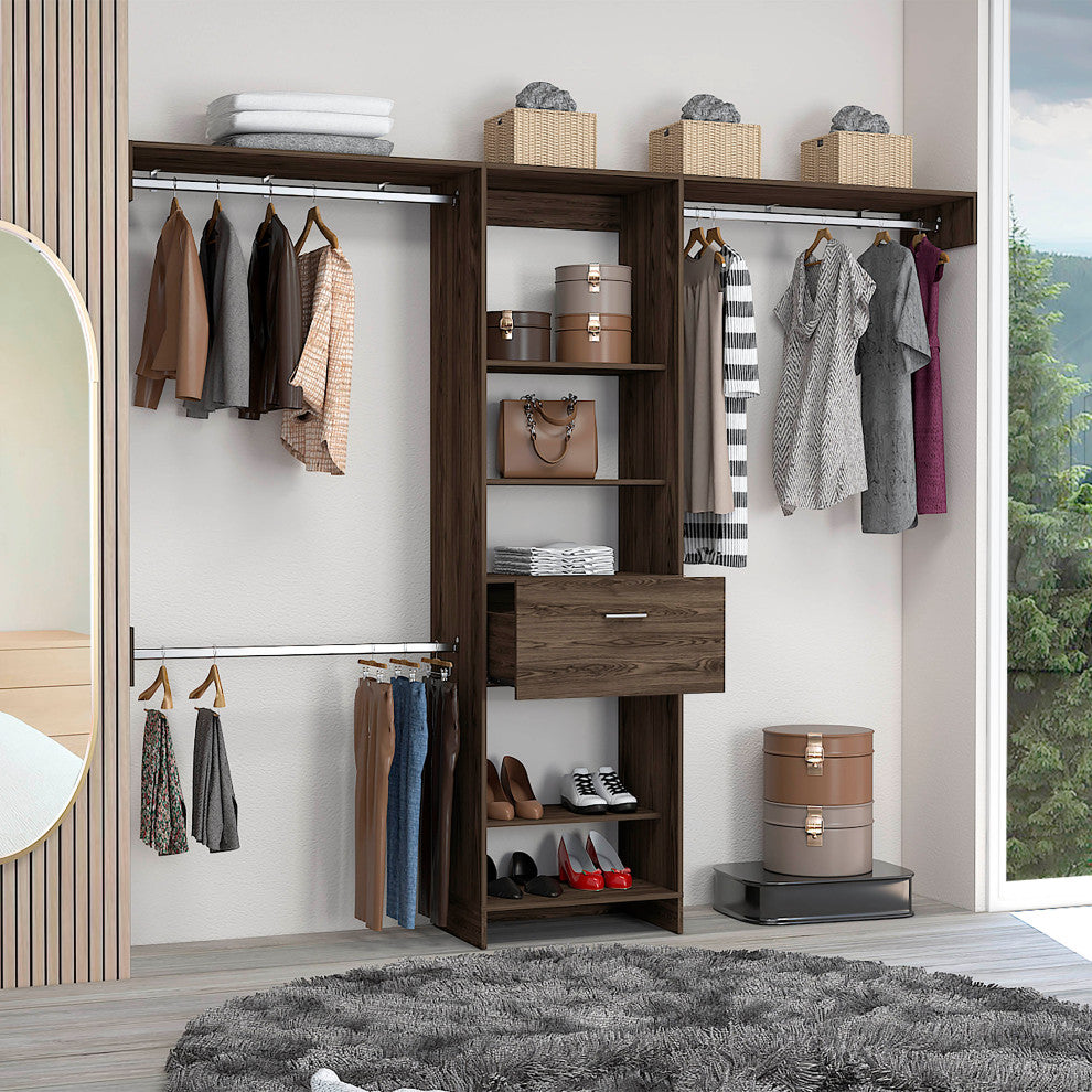 DEPOT E-SHOP Brisk 250 Closet System, 5 Shelves, 1 Drawer, Dark Walnut