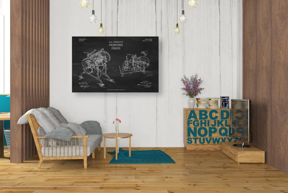 Epic Graffiti "Printing Press Blueprint Patent Chalkboard" Giclee Canvas,26"x40"