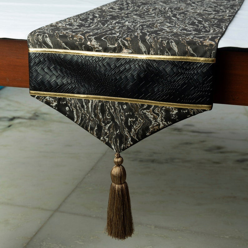 Table Runner Black Faux Leather Jacquard, Tassles Marble - Leather Runway