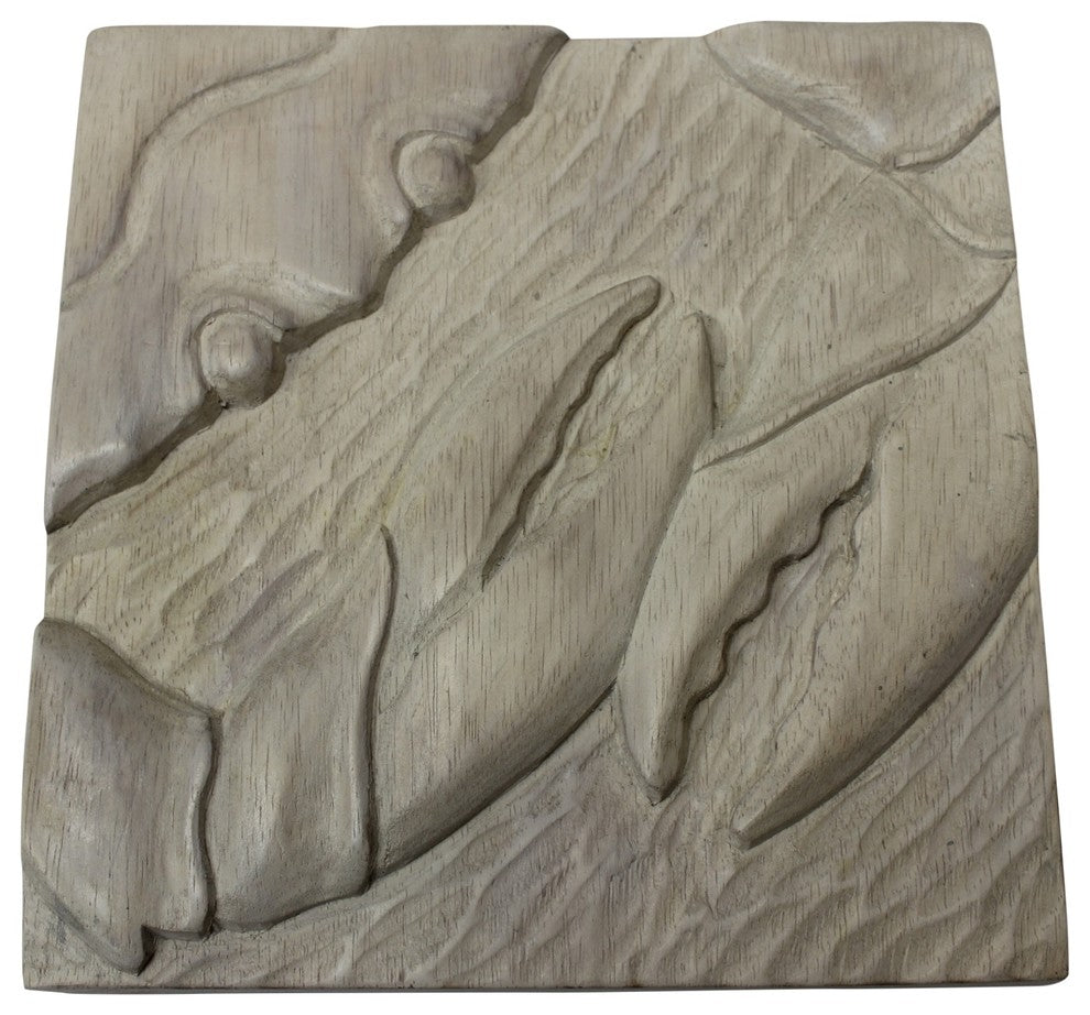 Crab Carved Wood Two Dimensional Gray Washed Wall Plaque 10 Inches