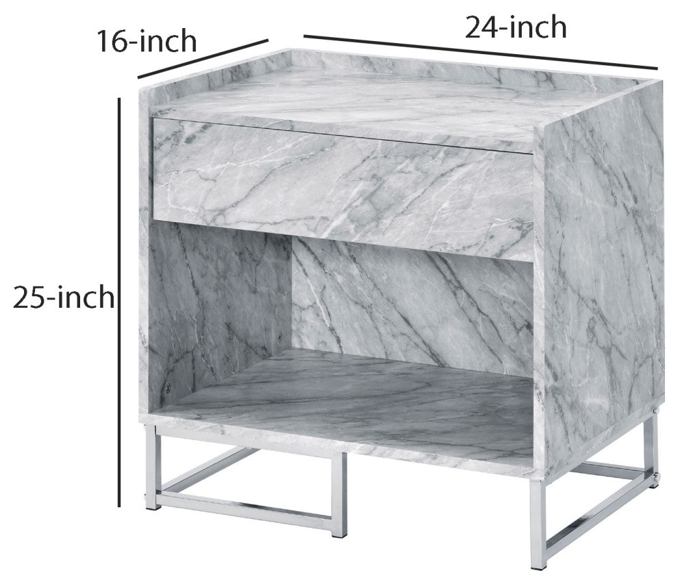 Benzara BM250334 Faux Marble Accent Table With Chrome Finish, White