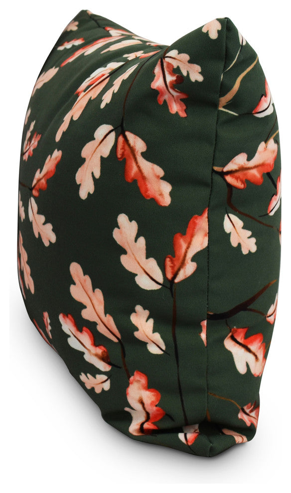 Wild Oak Leaves Floral Print Outdoor Decorative Throw Pillow, Dark Green, 16"