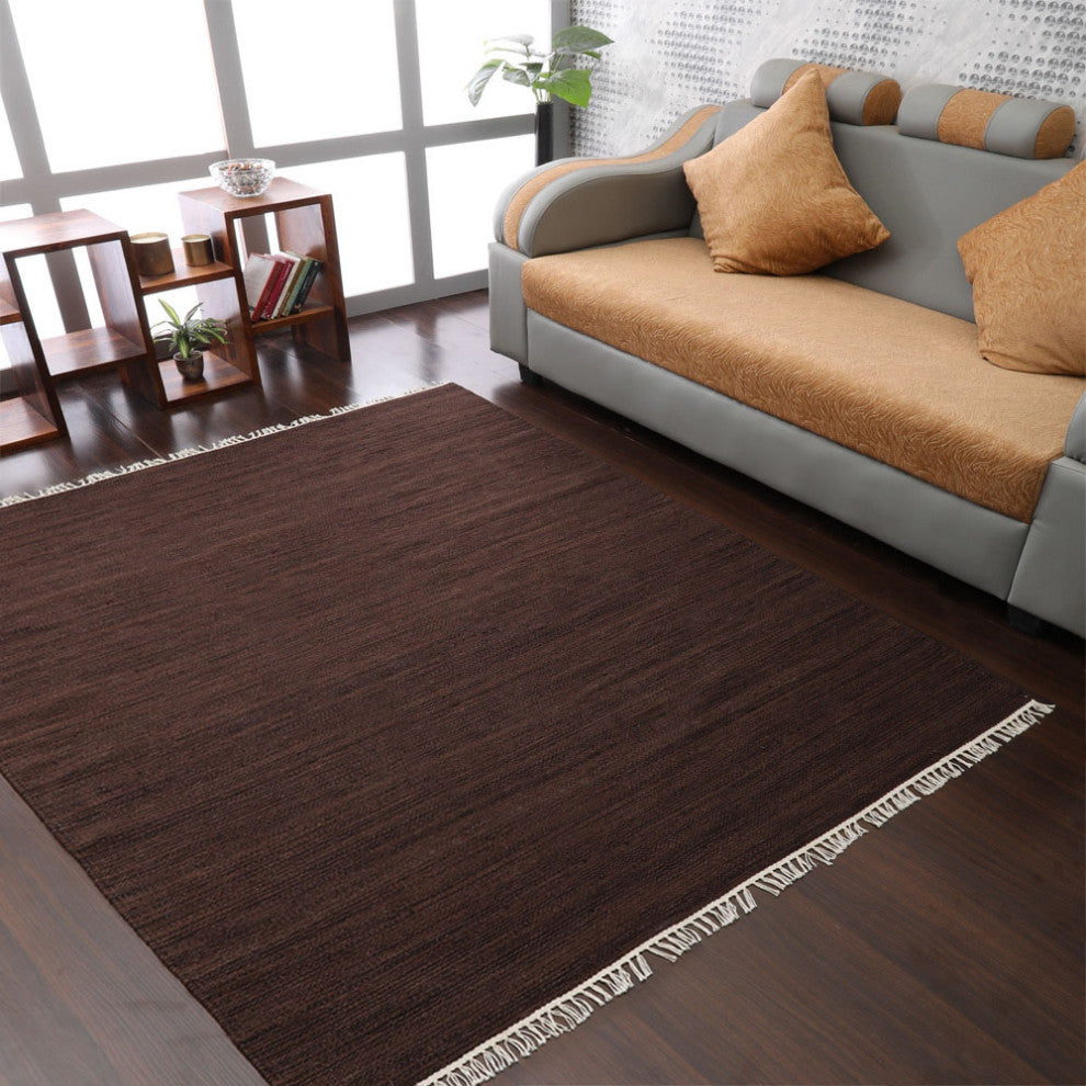 HAND WOVEN FLAT WEAVE KILIM WOOL ECO-FRIENDLY AREA RUGS,Brown, Solid Design