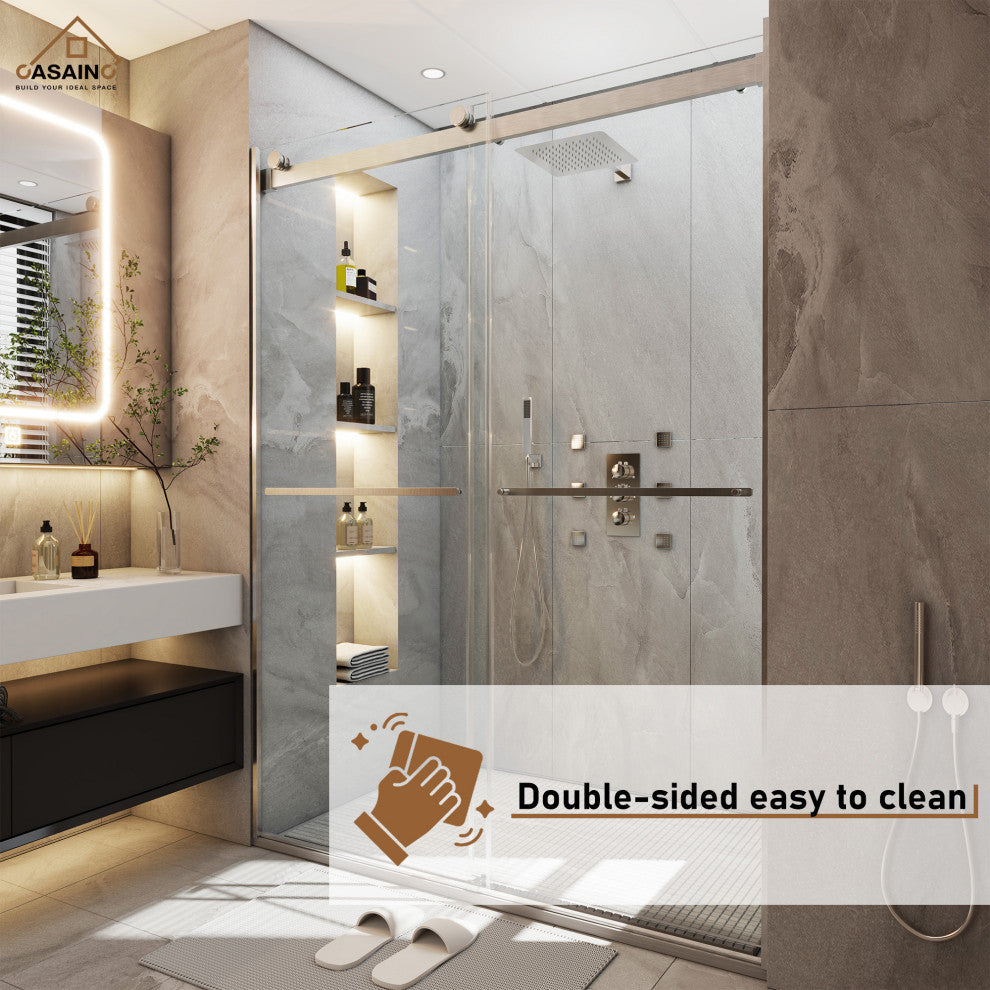 48-in x 76-in Frameless Sliding Shower Door, Brushed Nickel