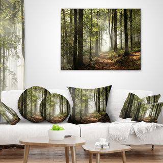 Green Fall Forest with Sun Rays Landscape Photography Throw Pillow, 18"x18"