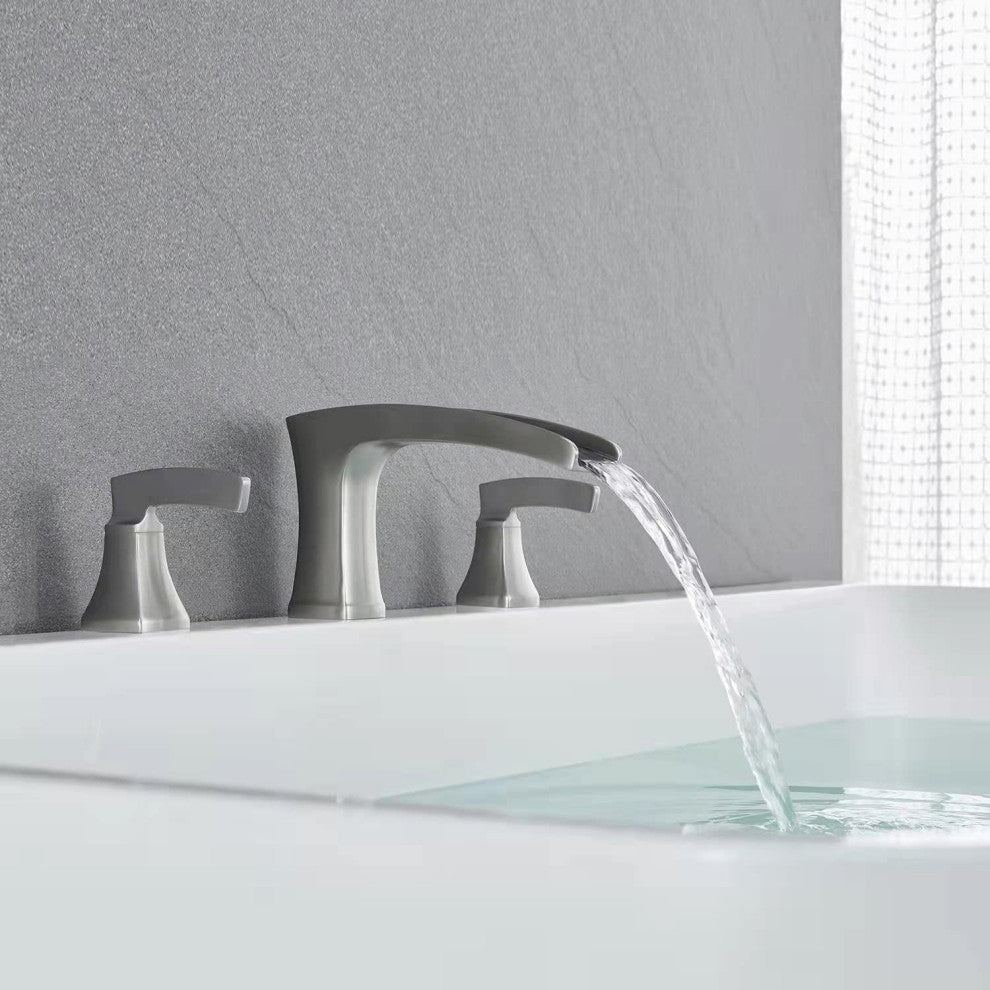 Brass Bathtub Faucet with Wide Waterfall Spout and Two Handle Control, Brushed Nickel