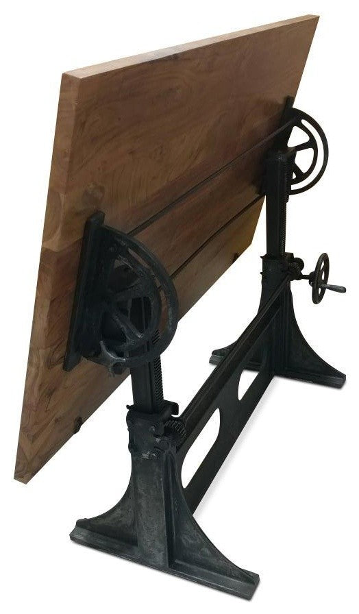 Industrial Adjustable Height Drafting Desk - Tilting Top - Cast Iron Base