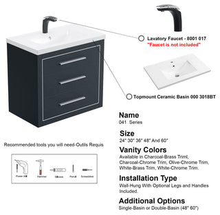 Sherwood 30" Single Vanity Set, Charcoal, Chrome Trim, Floating Only
