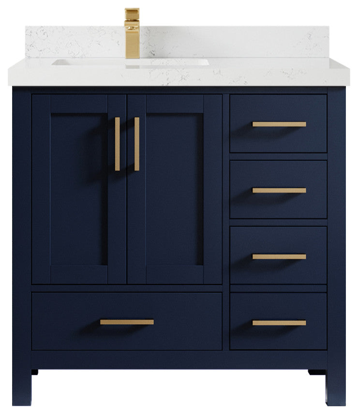 Malibu 36 Left Offset Bath Vanity in Navy Blue 2" Empira Quartz