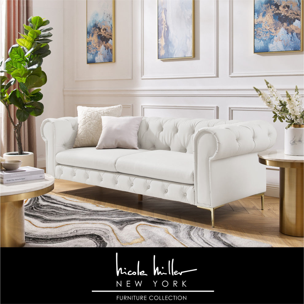 Nicole Miller Geraldine Sofa Button Tufted, 3 Seat, White Leather PU