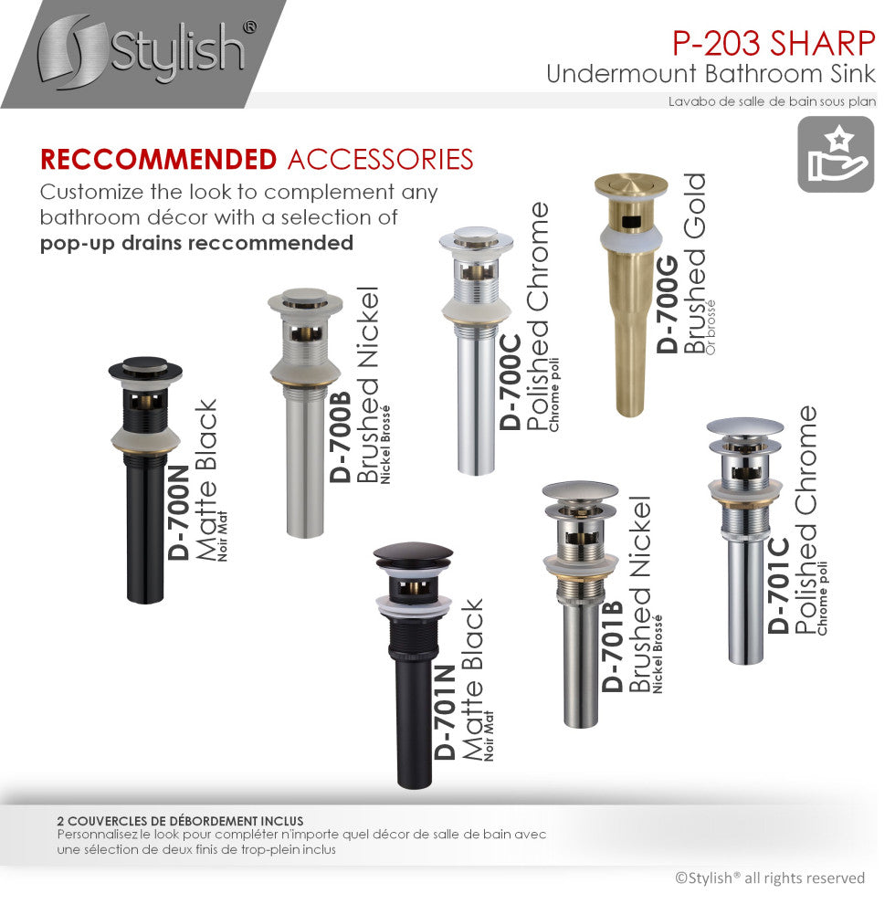 STYLISH 21" Rectangular Undermount Ceramic Bathroom Sink, 2 Overflow Finishes