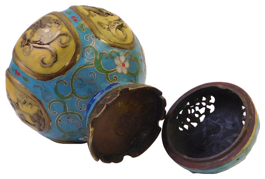 Chinese Metal Blue Yellow Enamel Cloisonne Incense Burner Figure