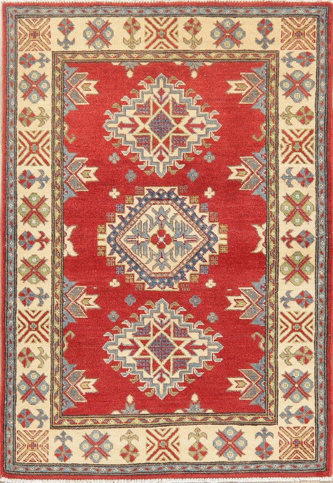 Hand Made Kazak Oriental Traditional Pakistani Area Rug, Red, 4'11"x3'5
