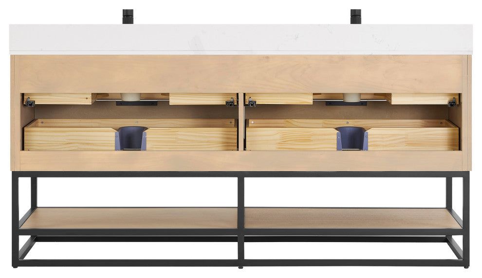 Milagro Bath Vanity With Top, Washed Ash Grey, Matte Black Base, 72", With Mirror