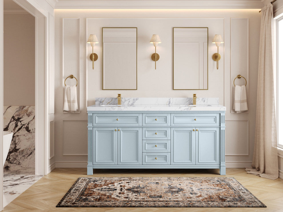 Paris 72" Double Sink Bathroom Vanity, Blue Heather 2" Calacatta Poannazo