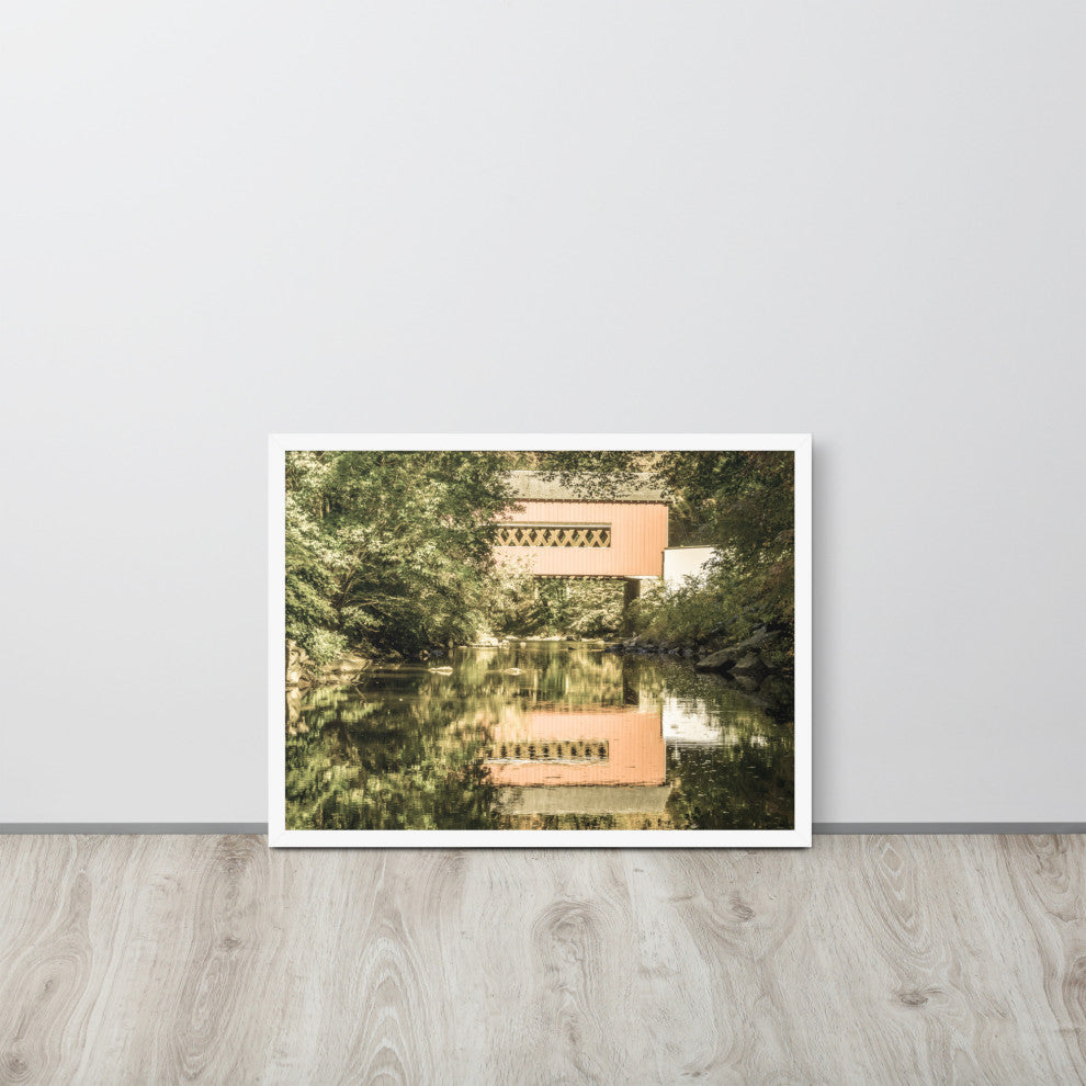 The Reflections of Wooddale Covered Bridge Aged Framed Photo Wall Art Print, White, 18" X 24"