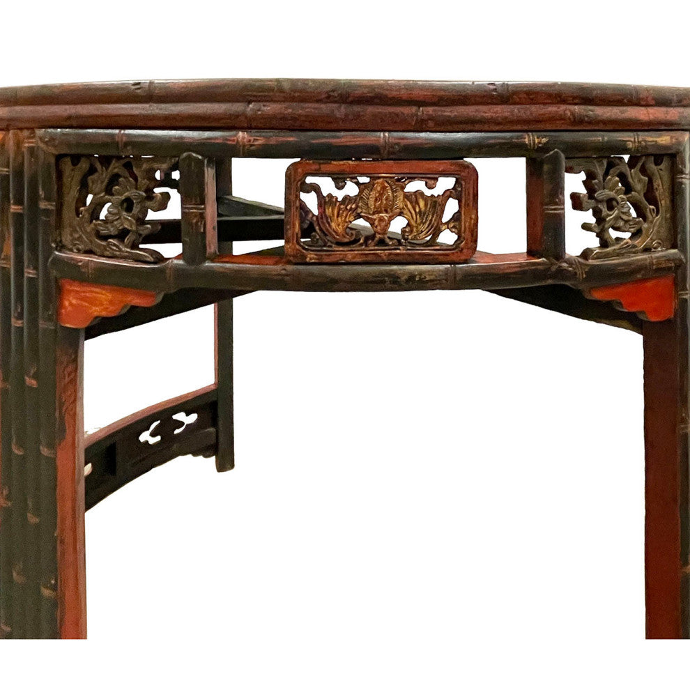 Consigned 19th Century Antique Chinese Carved Red lacquered Half Moon Tables