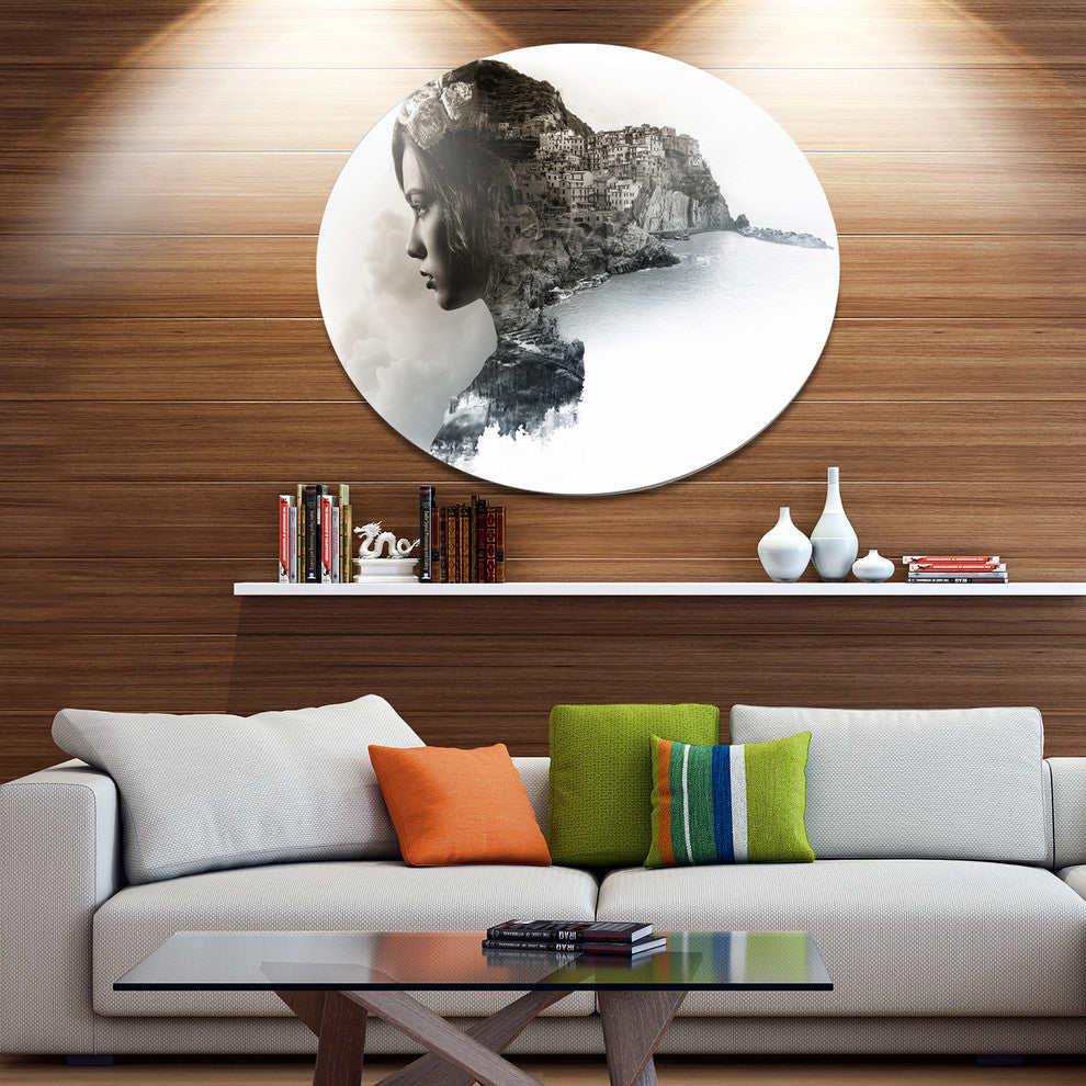 Stylish Woman And View Of Manarola, Portrait Round Metal Wall Art, 23"