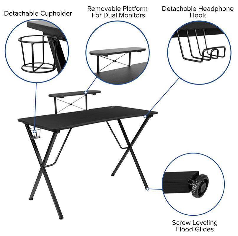 Gaming Desk and Racing Chair Set-Cup Holder, & Monitor/Smartphone Stand, Black