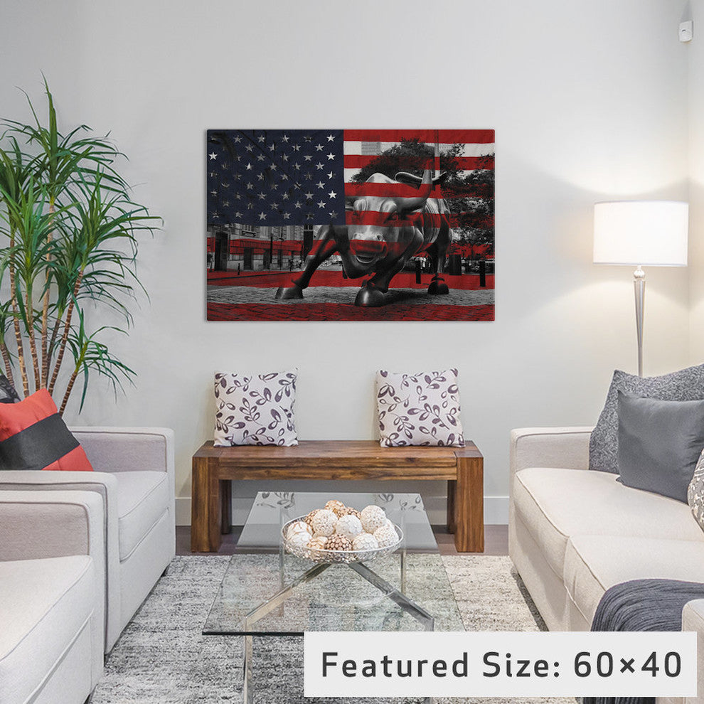 "New York - Wall Street Charging Bull, US Flag" by iCanvas, 40x26x1.5"