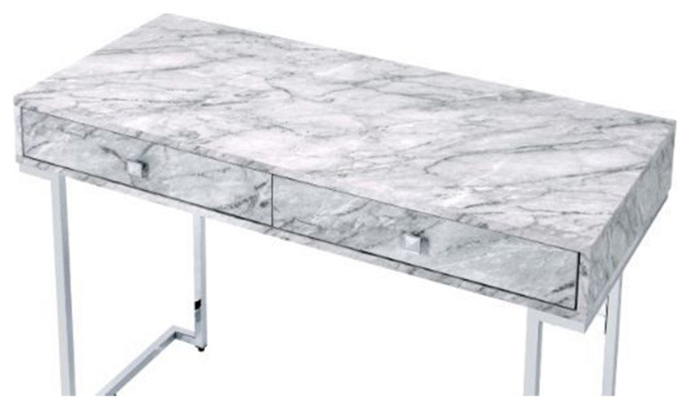 White Printed Faux Marble Writing Desk, Chrome Finish