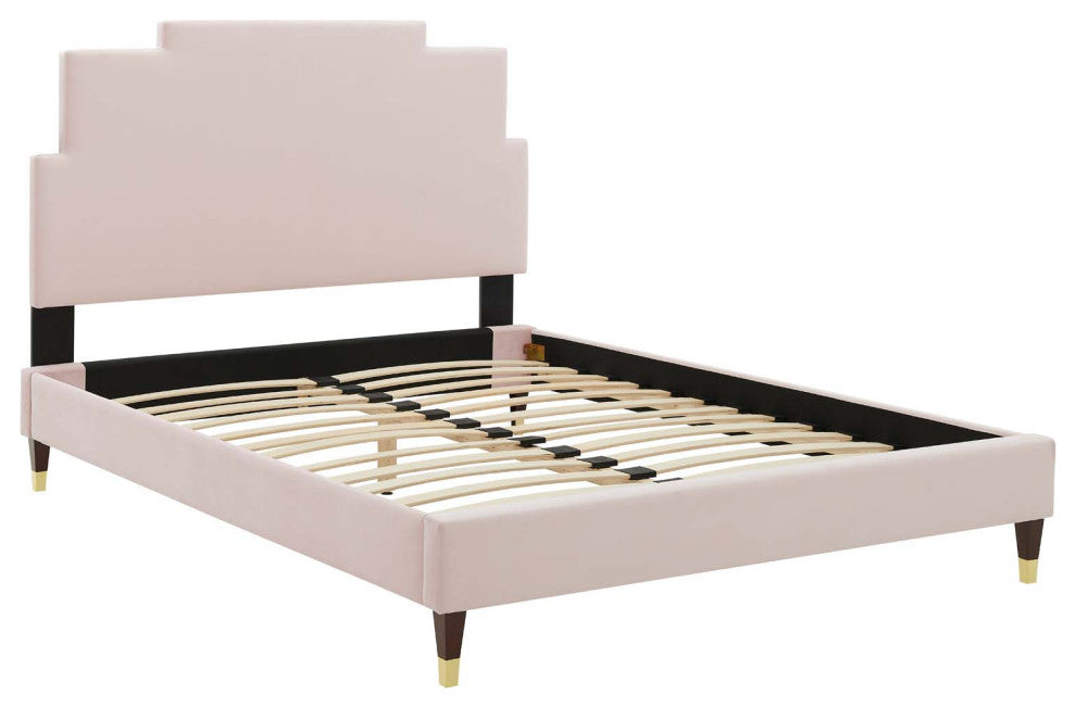 Platform Bed Frame, King Size, Velvet, Pink, Modern Contemporary, Bedroom Master