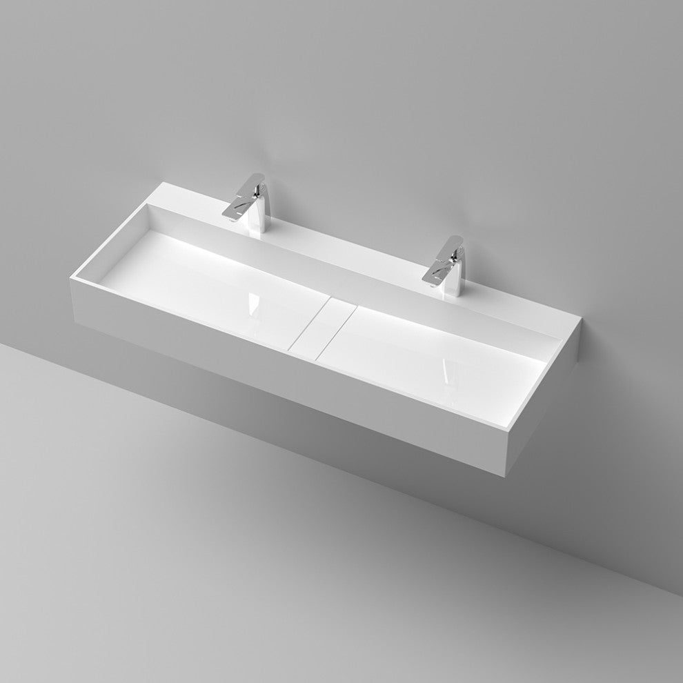 47 Inch Wall-Mount Double Sink Stone Resin Floating Trough Bathroom Sink, Glossy White