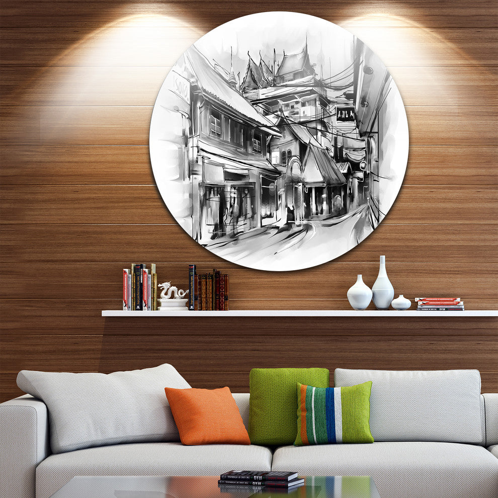 City Street Illustration, Cityscape Round Wall Art, 36"