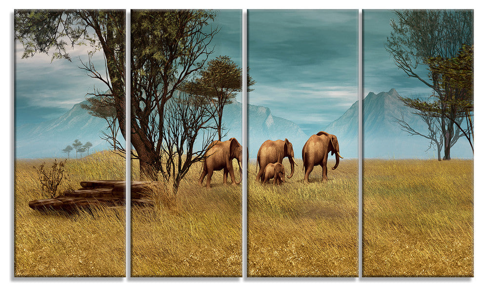 African Elephants Panorama, African Canvas Art Print, 48"x28", 4 Panels