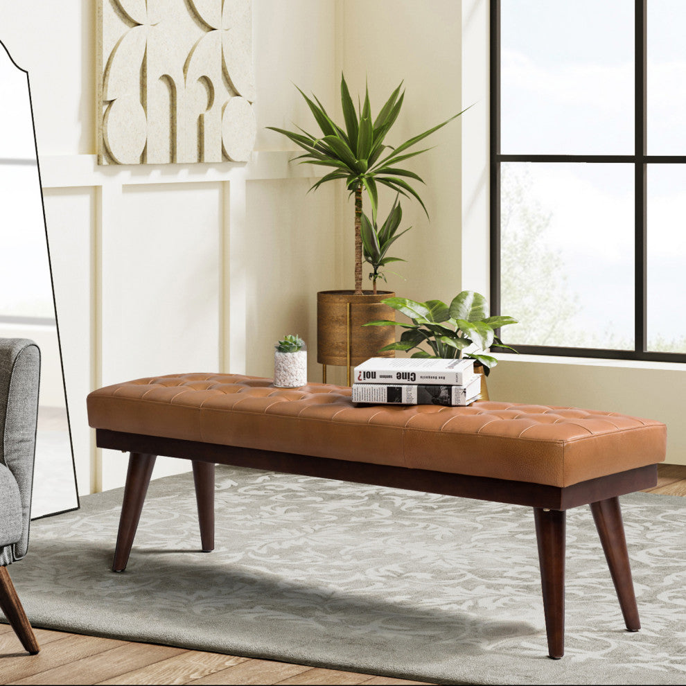 55.5"W Genuine Leather Bedroom Bench, Camel