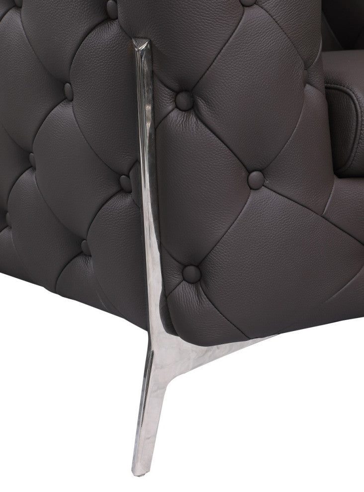 Glam Espresso Brown and Chrome Tufted Leather Armchair