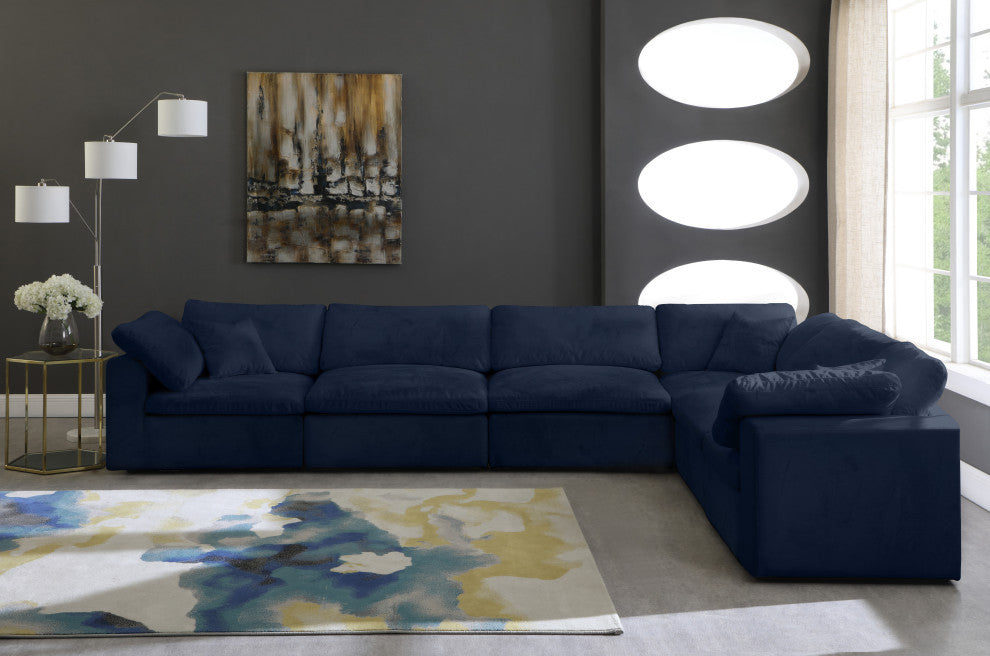 Cozy Velvet Upholstered Comfort L-Shaped Modular Sectional, Navy, 6-Piece: 3 Armless Chair, 3 Corner Chair