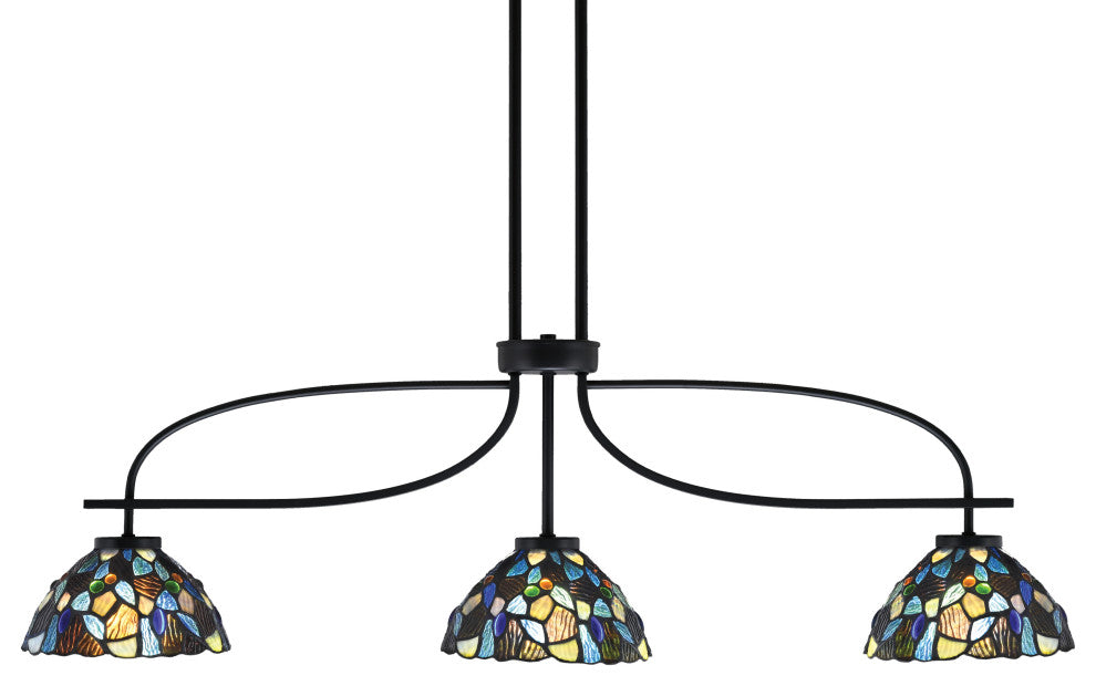 Cavella 3 Light Island Light, Matte Black Finish, 7" Blue Mosaic Art Glass
