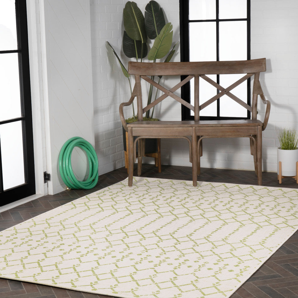 Ourika Moroccan Geometric Indoor/Outdoor Rug, Cream/Green, 8x10
