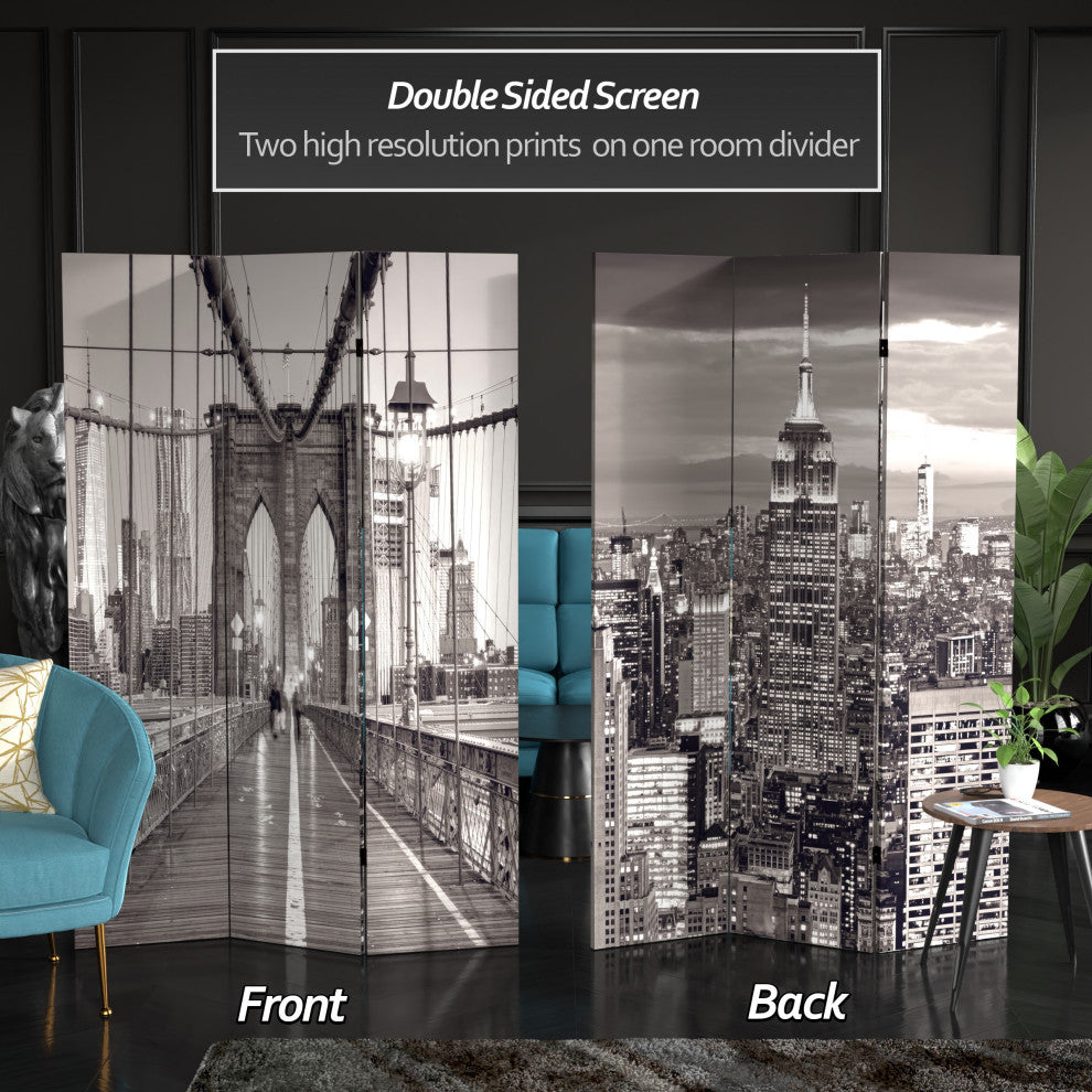 6' Tall Double Sided Black and White New York Bridge Canvas Room Divider