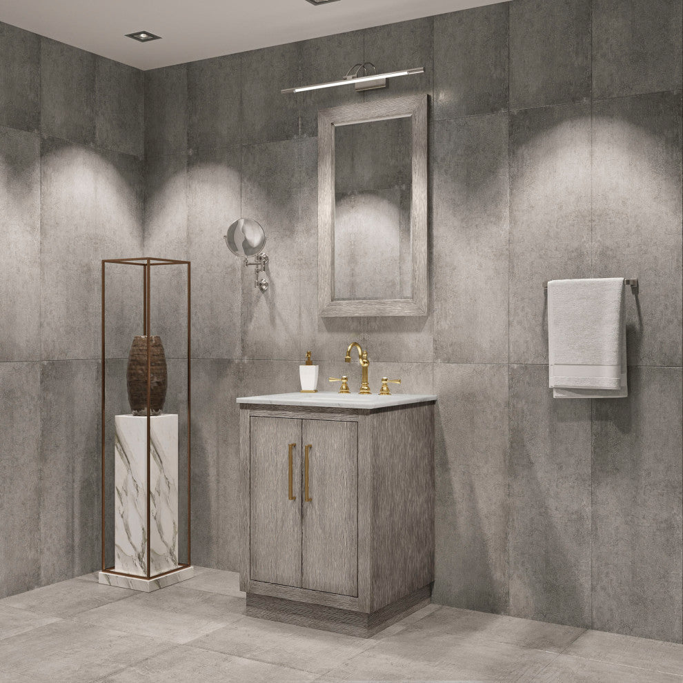 Hugo Carrara White Marble Countertop Vanity in Gray Oak, Satin Gold Hardware, 24", Vanity With Mirror