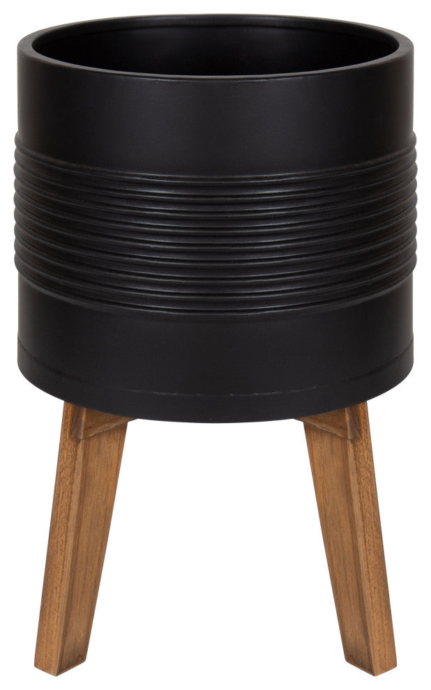 Gavri Metal Planter with Wood Stand, Black 11.25" Diameter