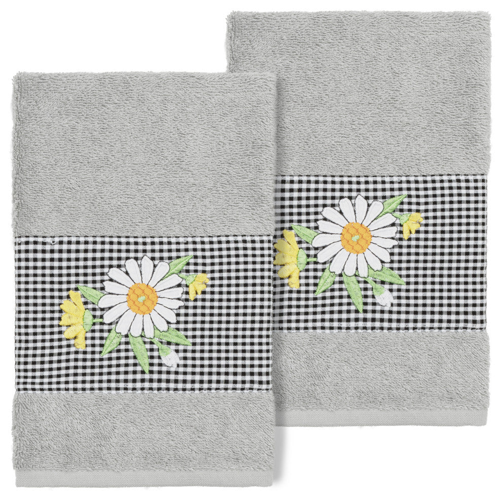 Linum Home Turkish Cotton Daisy 2-Piece Embellished Hand Towel Set, Light Gray