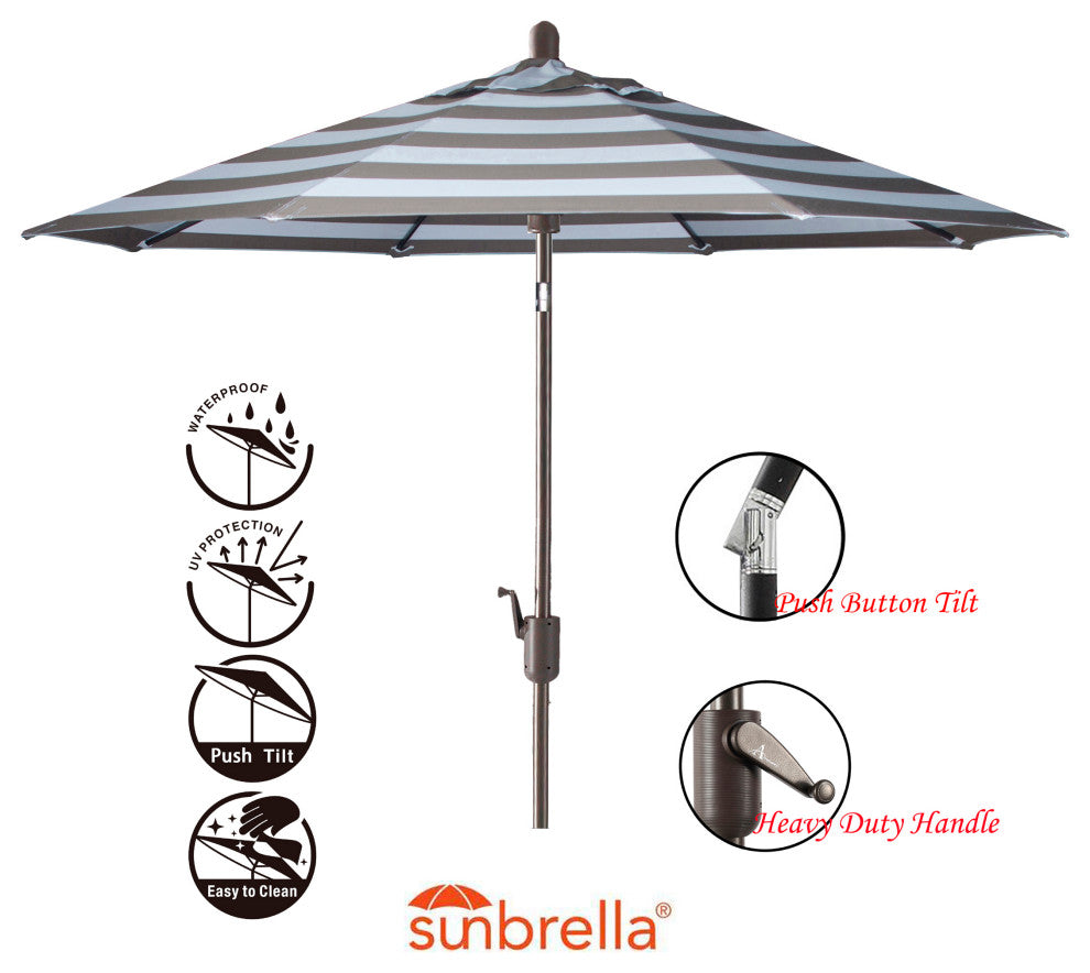 9' Round Push Tilt Market Umbrella, Black Frame, Sunbrella, Mocha Stripe