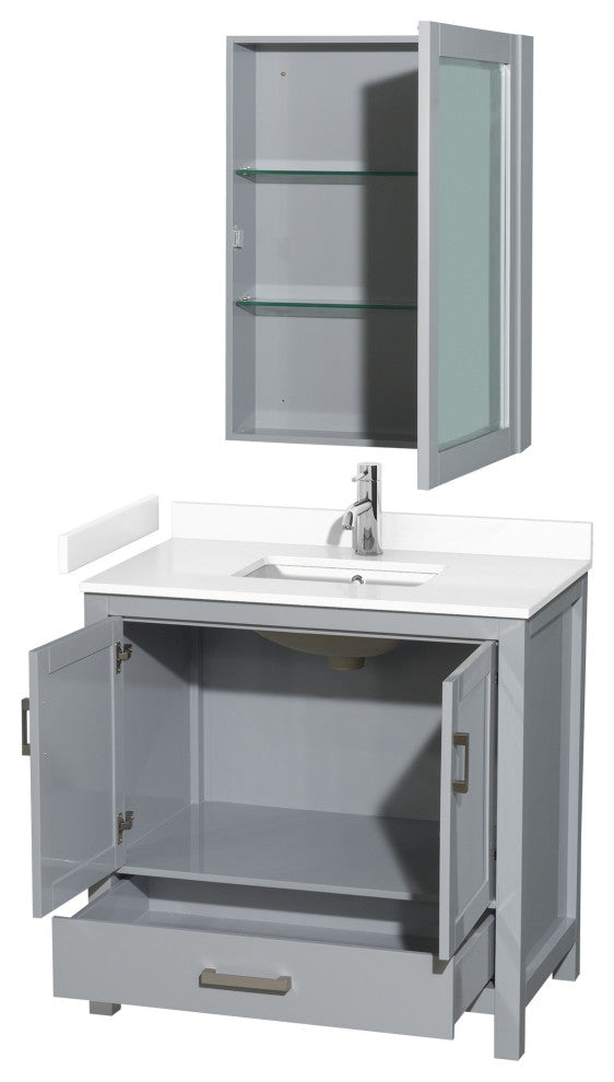 36"SGL Bathroom Vanity Gray, White Cult. Marble Countertop, Sink, Med. Cabinet