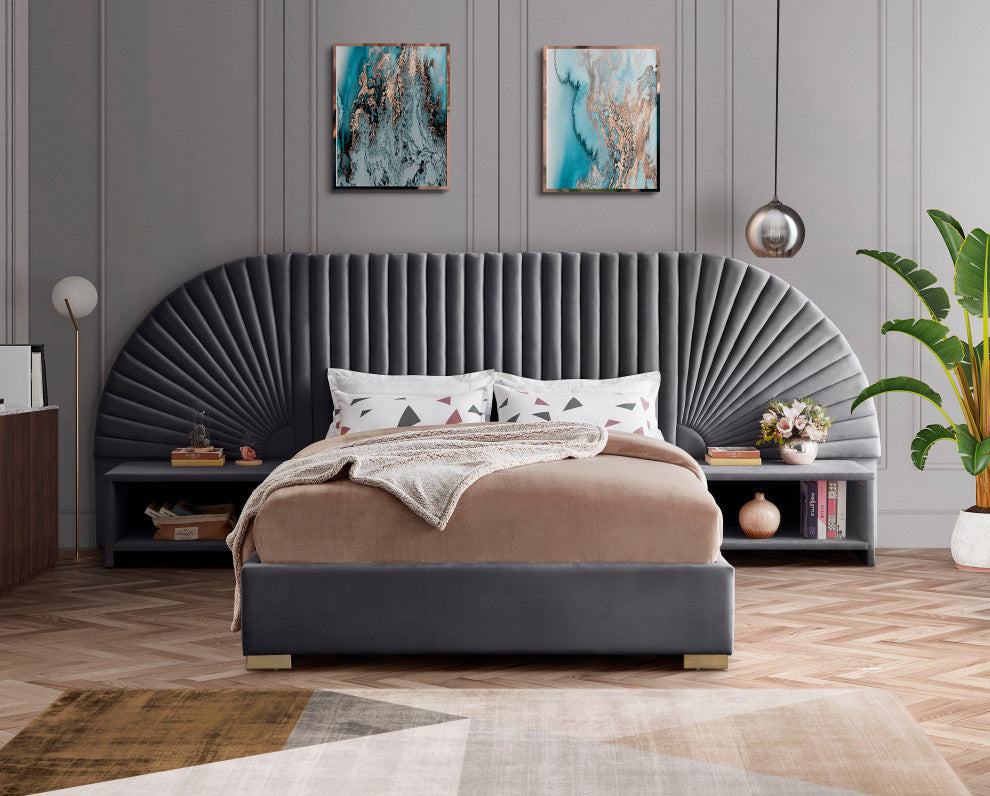 Cleo Velvet Upholstered Bed With Custom Gold Steel Legs, Gray, Queen