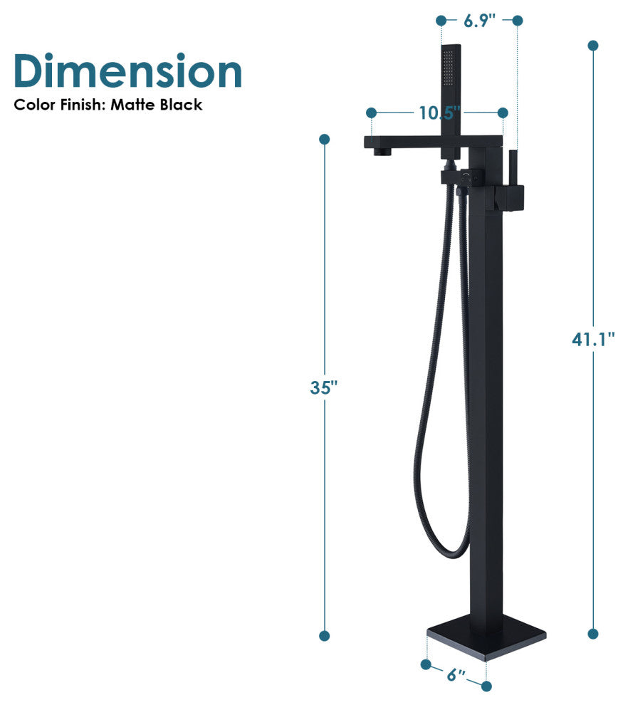 Campia Single Lever Handle Floor Mounted Tub Filler With Handshower, Matte Black