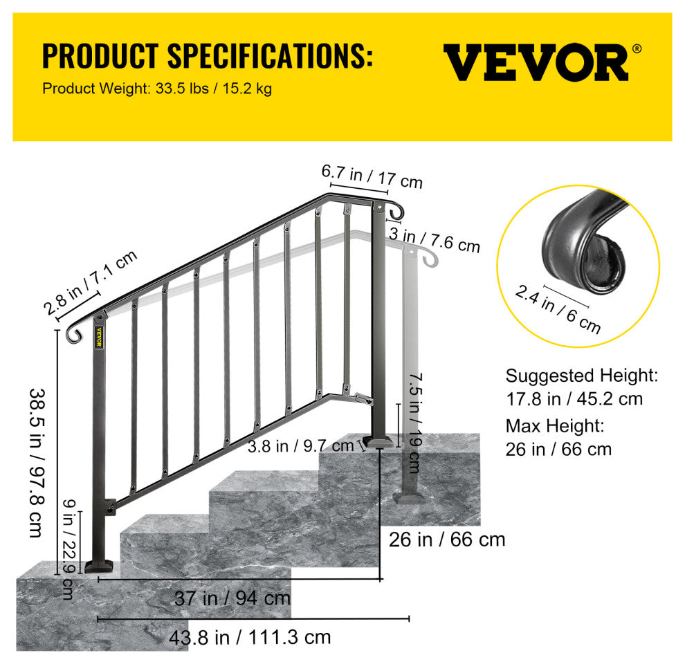 Vevor Handrails for Outdoor Steps, Fit 3 or 4 Steps