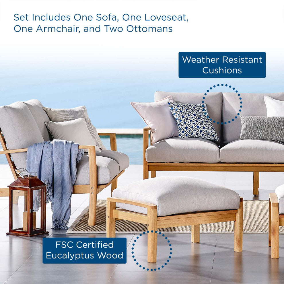 Lounge Sectional Sofa Chair Set, Wood, Brown Natural Gray, Modern, Outdoor