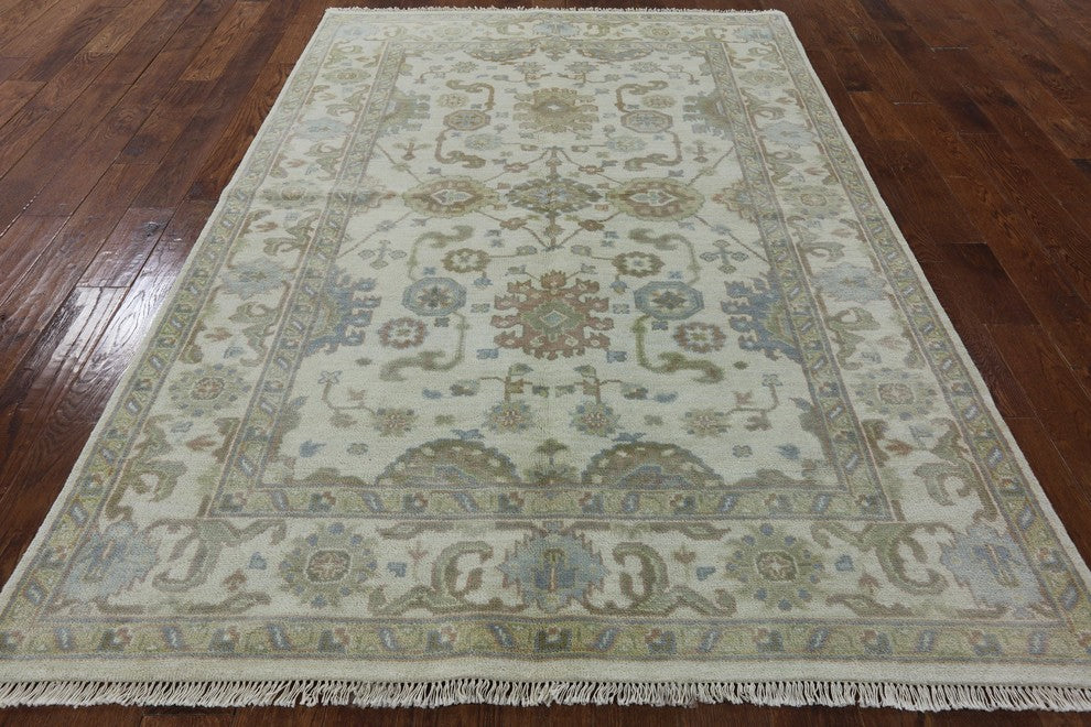 Unique Hand Knotted 6'x9' Floral Oushak Oriental Ivory Wool Area Rug
